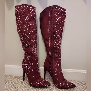 Burgundy suede silver studded high heel boots